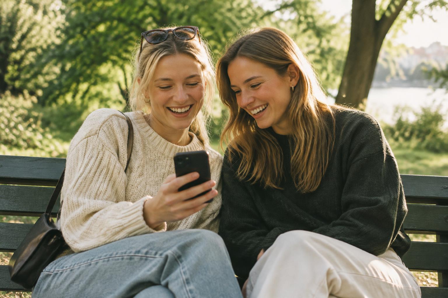 Två vänner skrattar tillsammans över en mobiltelefon i sommarkväll
